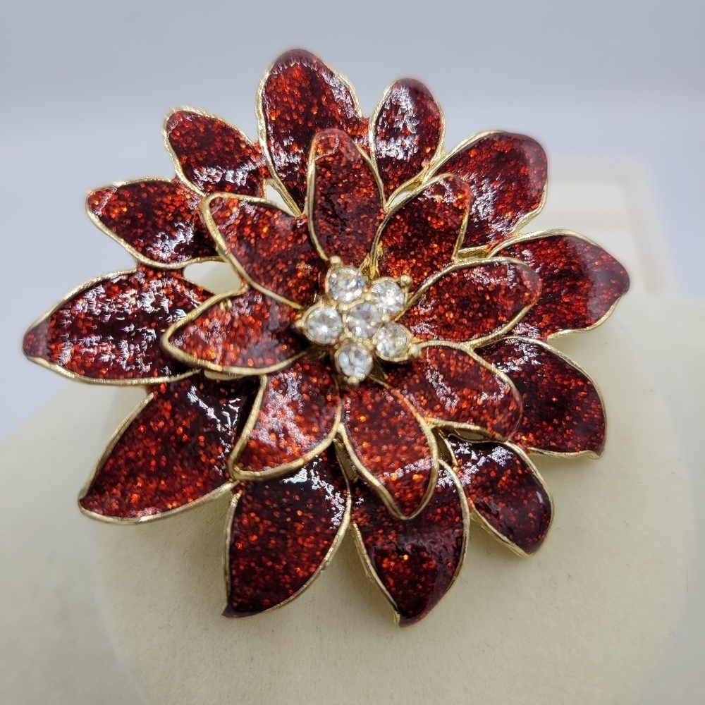Brand New Holiday Poinsettia Brooch Pin • Red Lacquer w/ Rhinestones on Goldtone